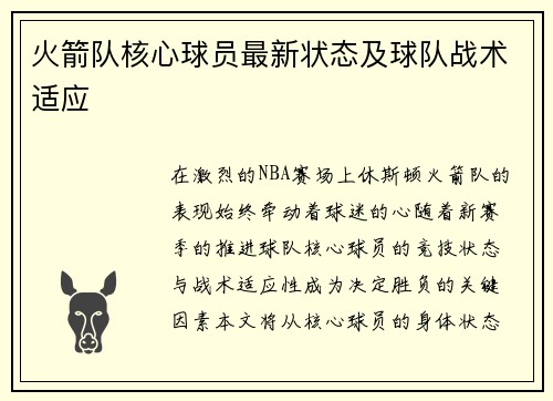 火箭队核心球员最新状态及球队战术适应